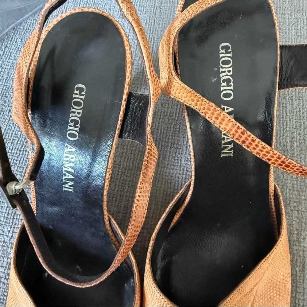 GIORGIO ARMANI Womens Croc Embossed Leather Heels Brown Tan Slingback Sz 38 1/2 - Picture 6 of 13